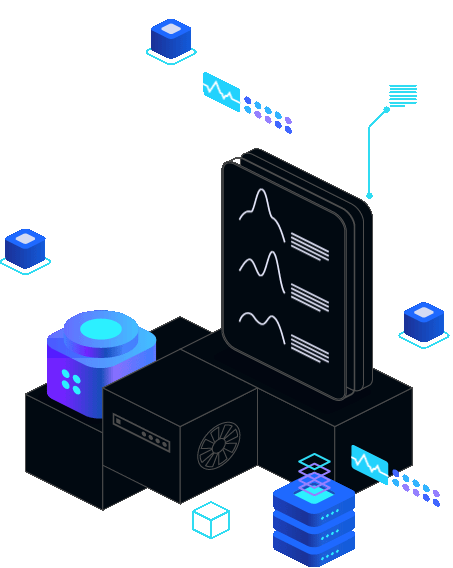 Colorful blocks, graphs and text bubbles around representing tech support monitoring, chats and messages